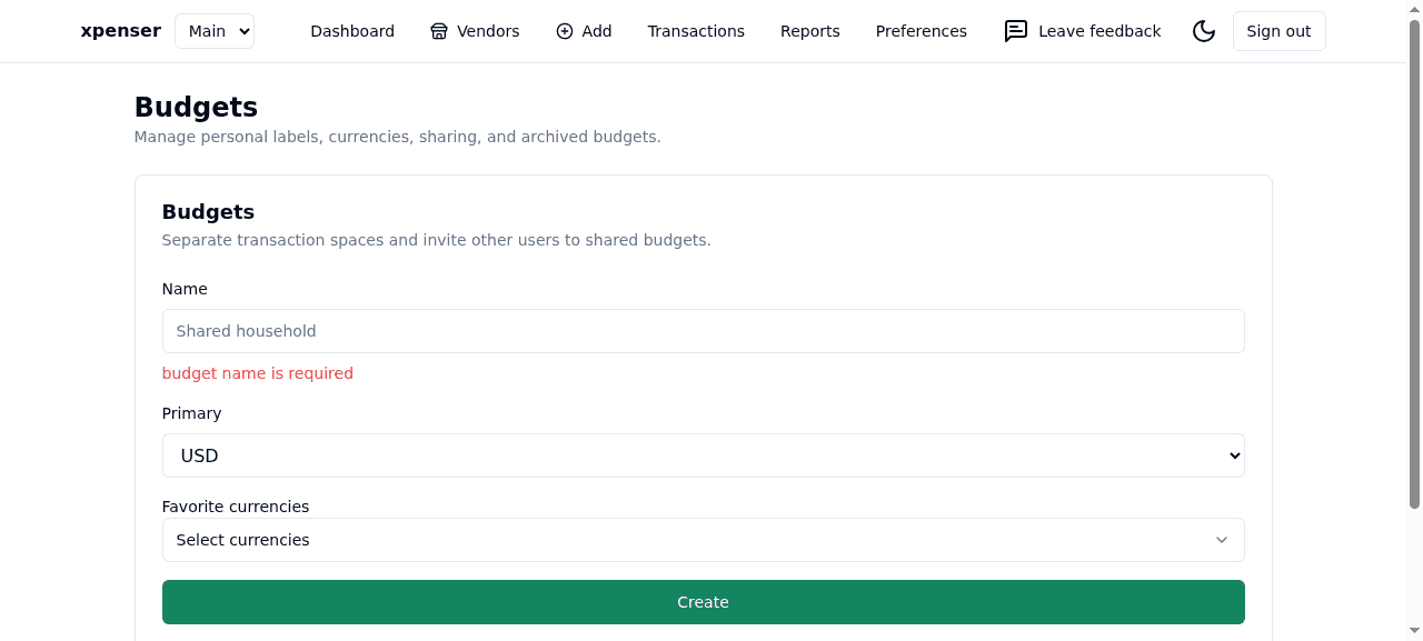 Xpenser budget form shows the required-name error beside its field and keeps USD selected.