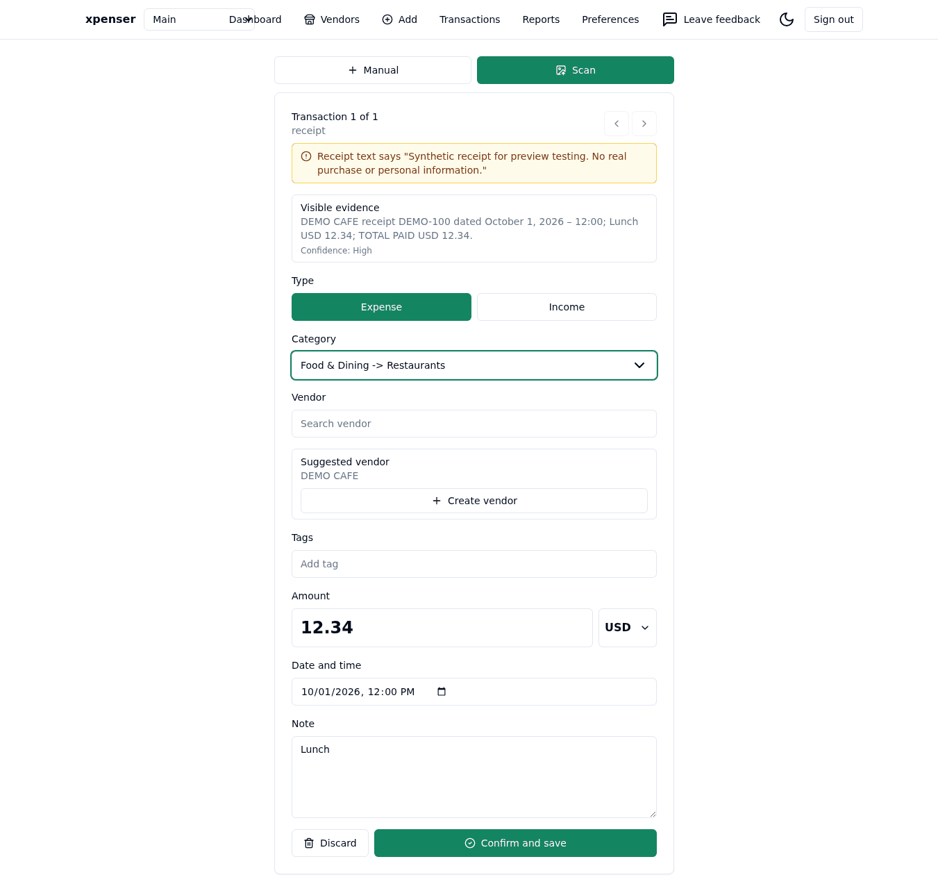 A synthetic receipt reviewed in Xpenser, showing its amount, category, evidence, and confirmation controls.