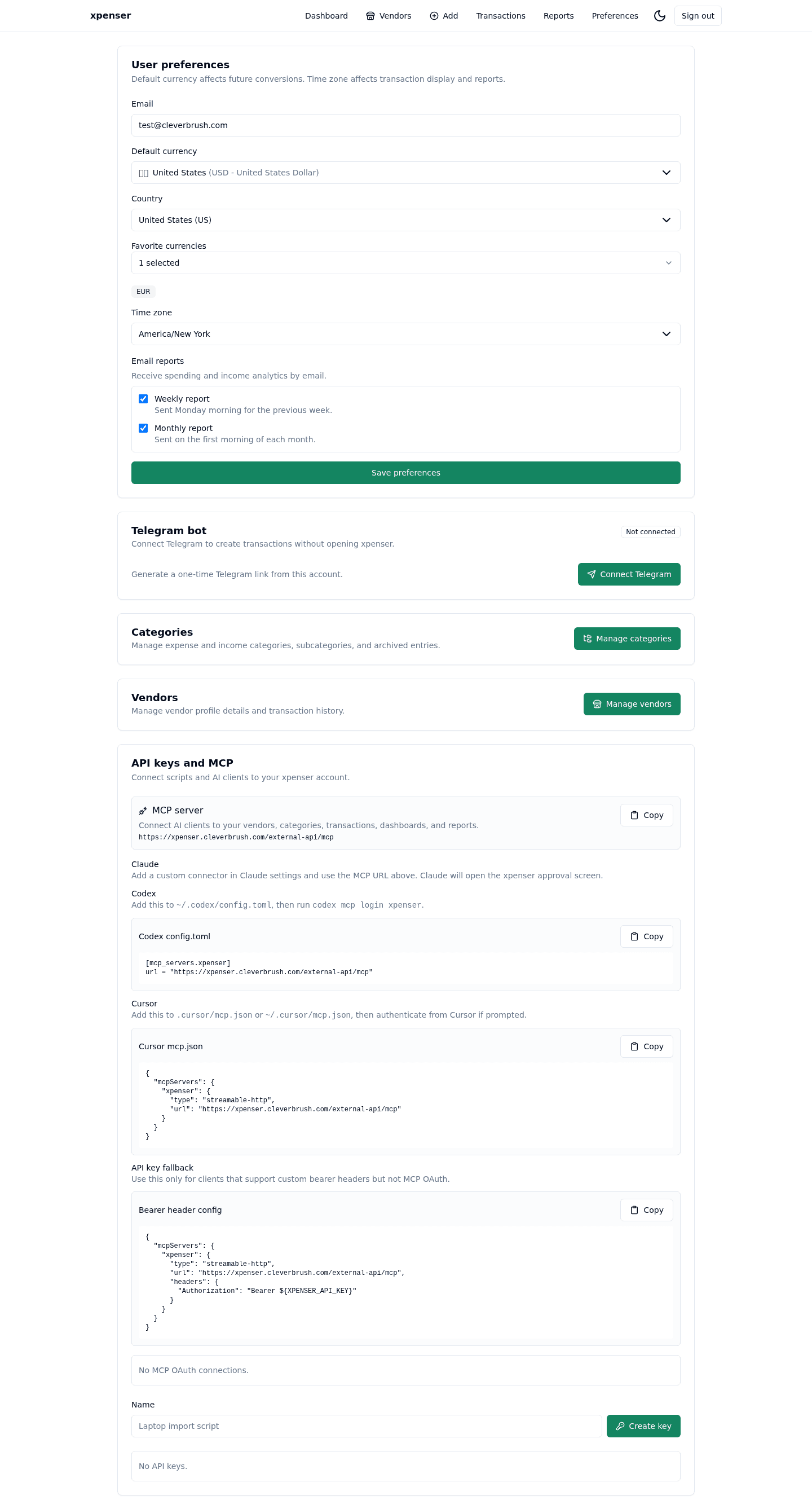 xpenser preferences screen with MCP and email report settings