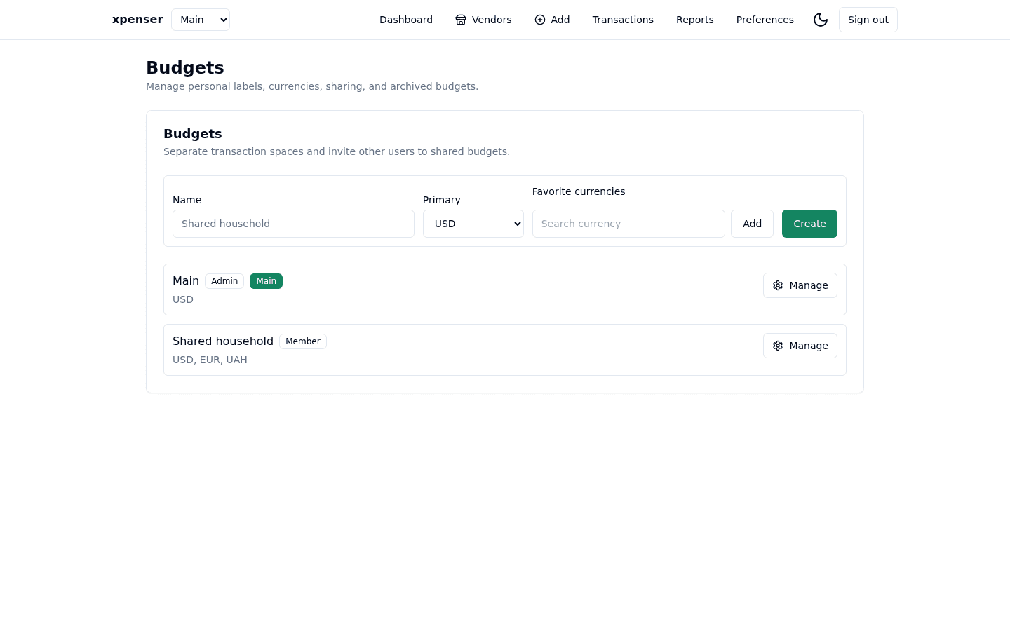 xpenser budget overview showing a Main budget and shared budget creation controls