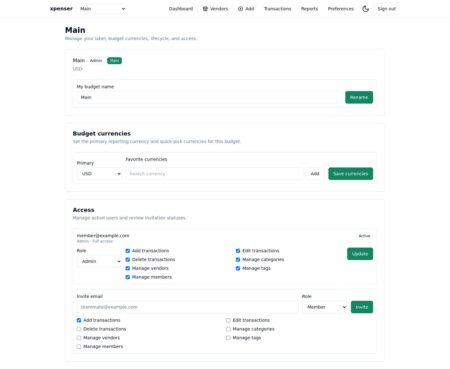 Budget detail page with local rename, budget currencies, and member access management