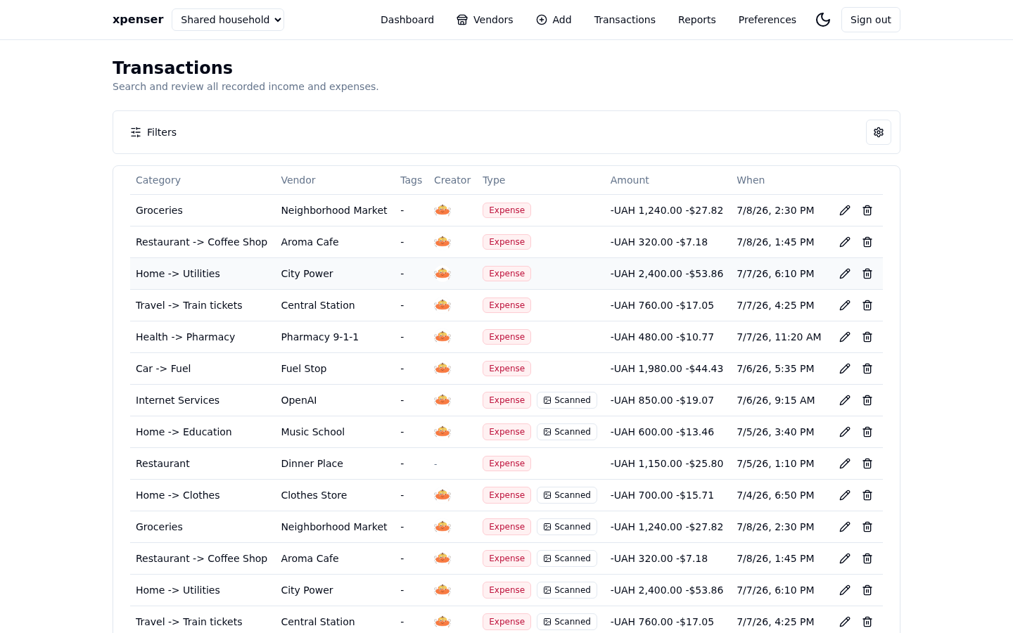 Transactions list in xpenser with creator avatars for transactions added by another budget member